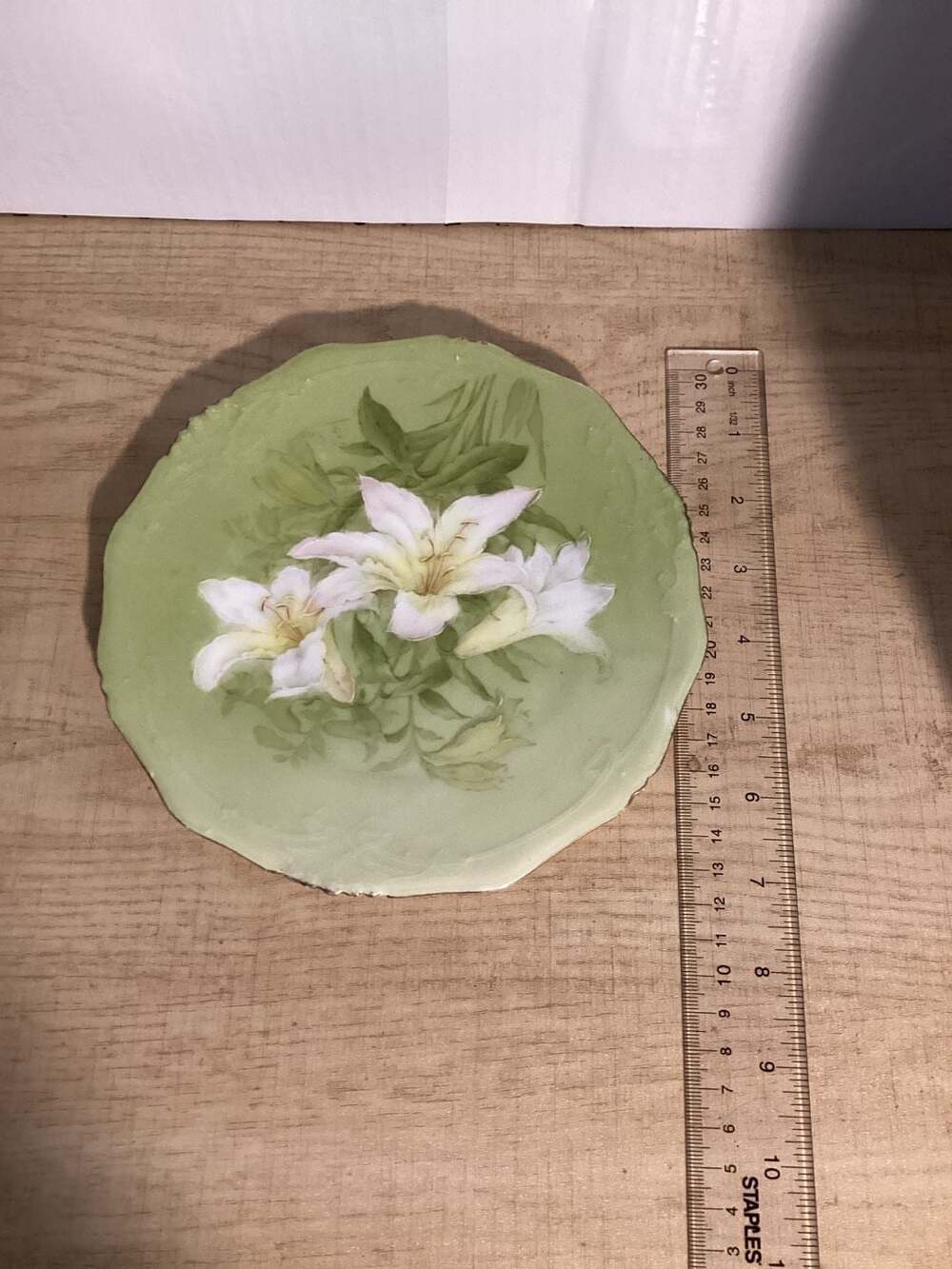 PT Bavaria Tirschenreuth Antique Porcelain Plate Hand Painted Lily With Green Ba